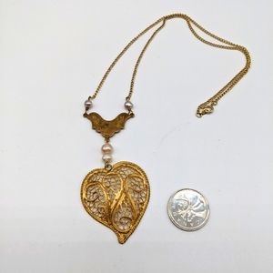 Gold Filigree and Pearl Heart Necklace